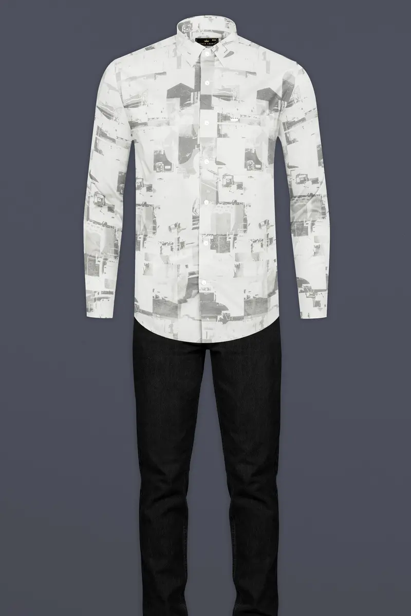 Bright White And Flint Gray Abstract Printed Subtle Sheen Super Soft Premium Cotton Shirt 7