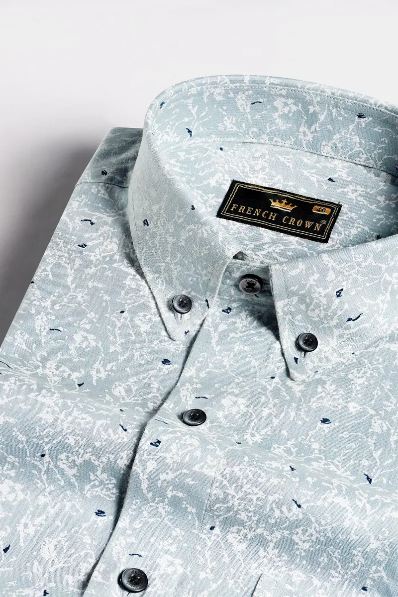 Bright White And Geyser Gray Printed Luxurious Linen Shirt 1