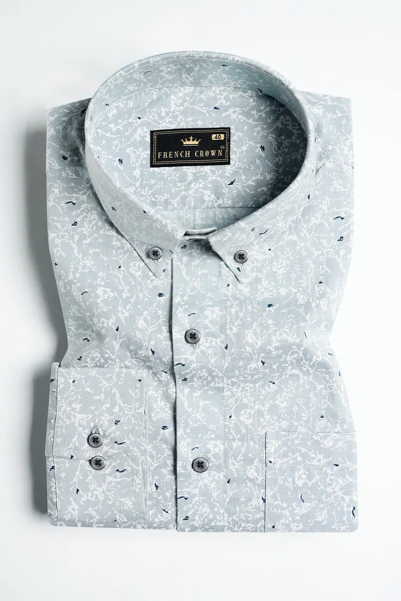 Bright White And Geyser Gray Printed Luxurious Linen Shirt 3
