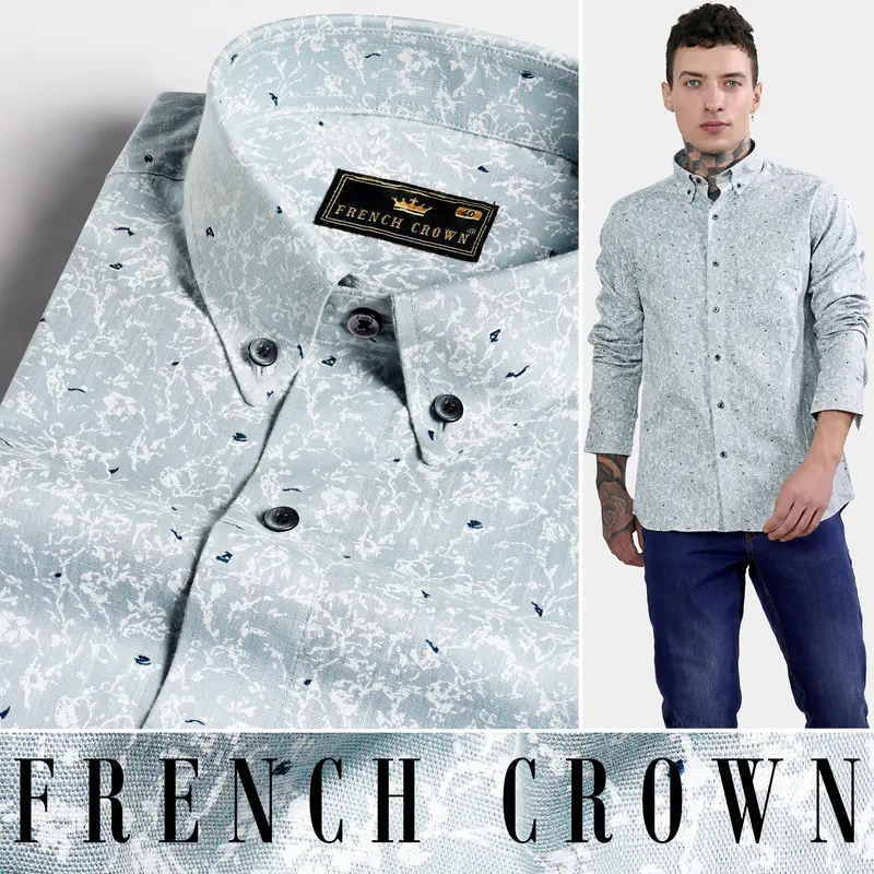 Bright White And Geyser Gray Printed Luxurious Linen Shirt 4