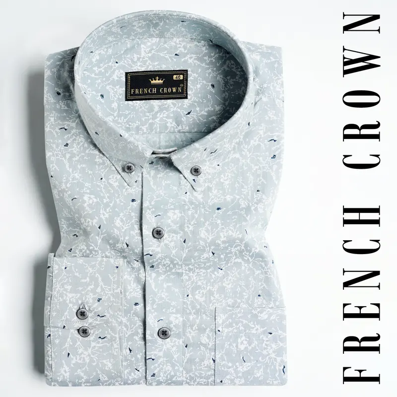 Bright White And Geyser Gray Printed Luxurious Linen Shirt 7