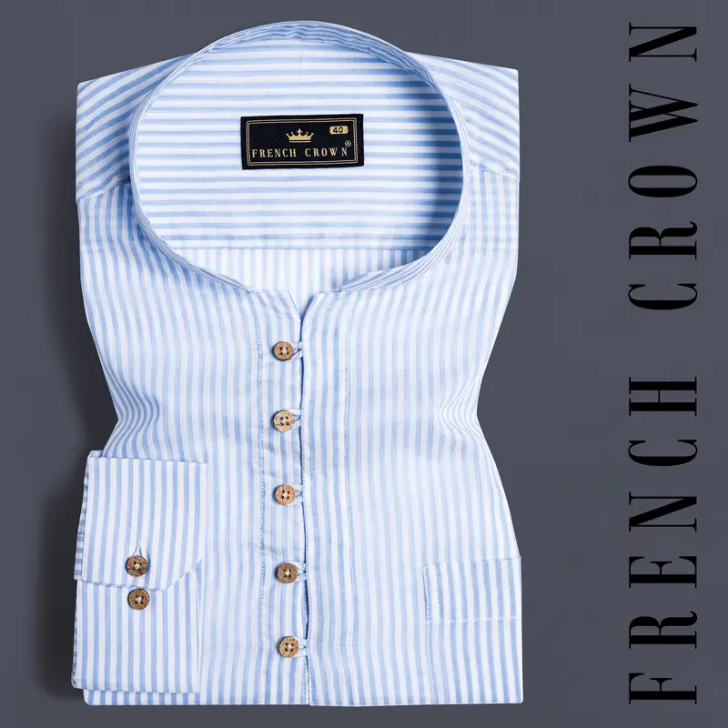 Bright White And Glacier Blue Striped Premium Cotton Kurta Shirt 1