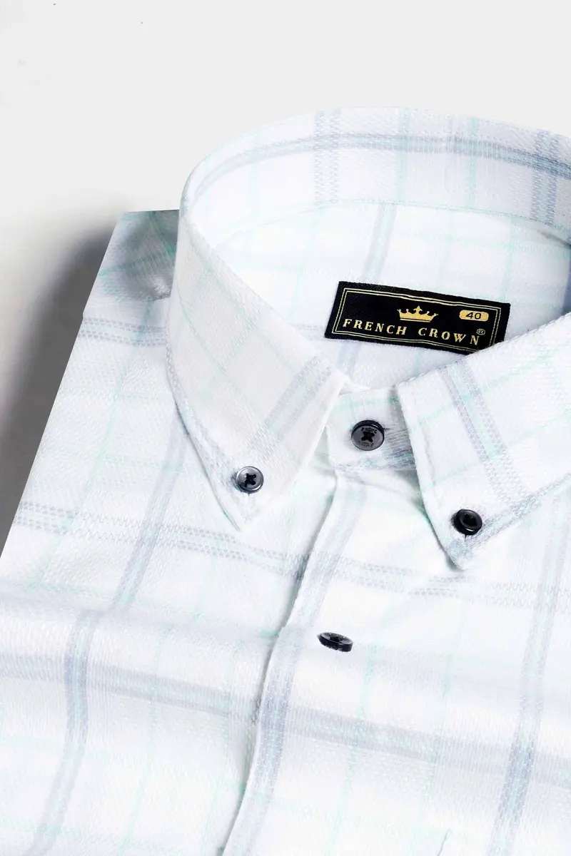 Bright White And Glacier Green Dobby Textured Premium Giza Cotton Shirt 1