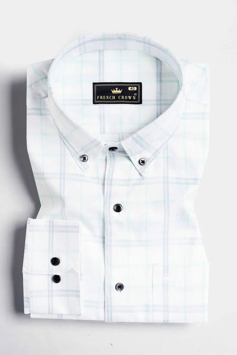 Bright White And Glacier Green Dobby Textured Premium Giza Cotton Shirt 3