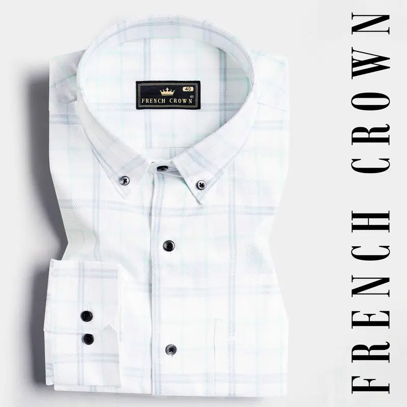Bright White And Glacier Green Dobby Textured Premium Giza Cotton Shirt 7