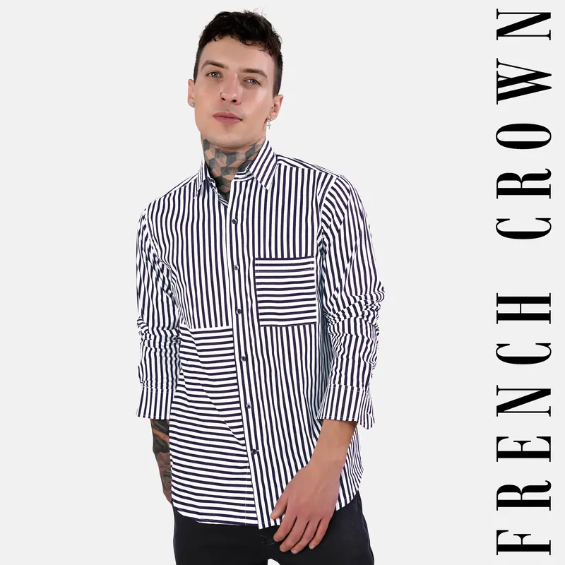 Bright White And Haiti Blue Striped Premium Cotton Designer Shirt 1