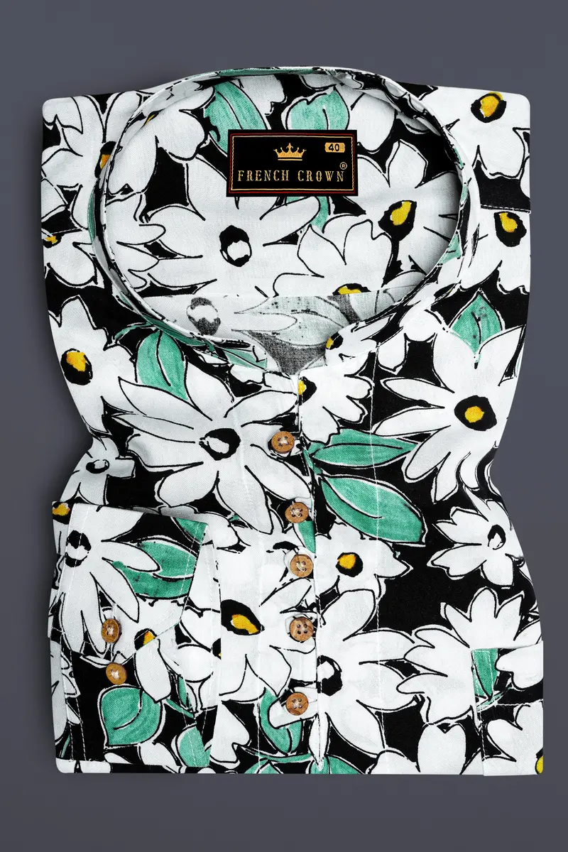 Bright White And Jade Black Floral Printed Premium Tencel Kurta Shirt 2