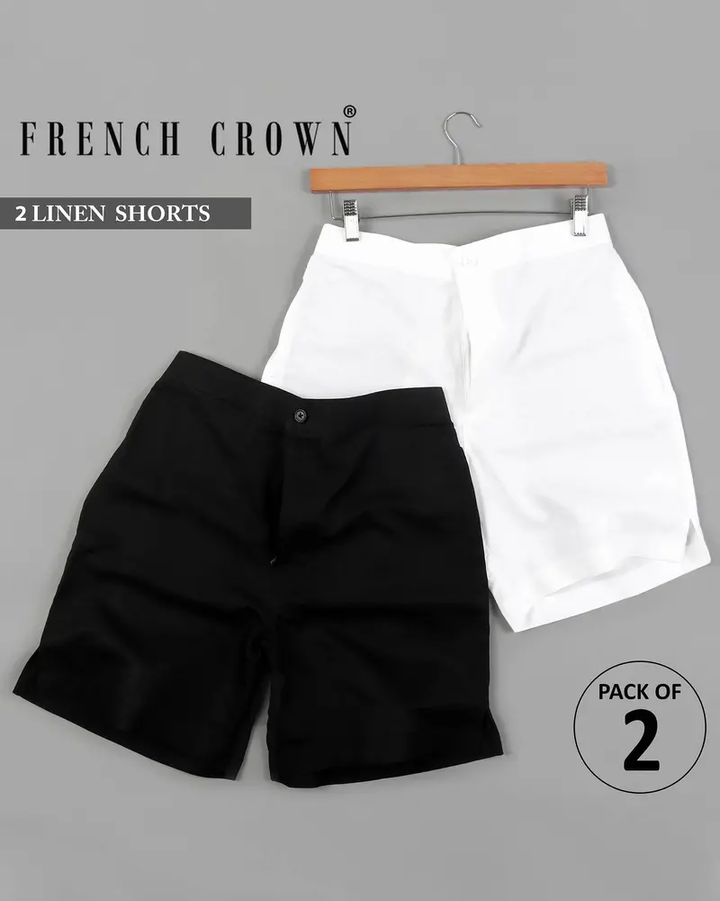 Bright White And Jade Black Luxurious Linen Shorts 2