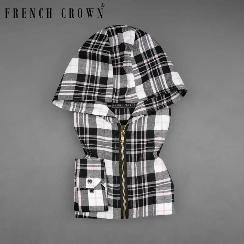 Bright White And Jade Black Plaid Hoodie Flannel Zipper Closure Shirt 1