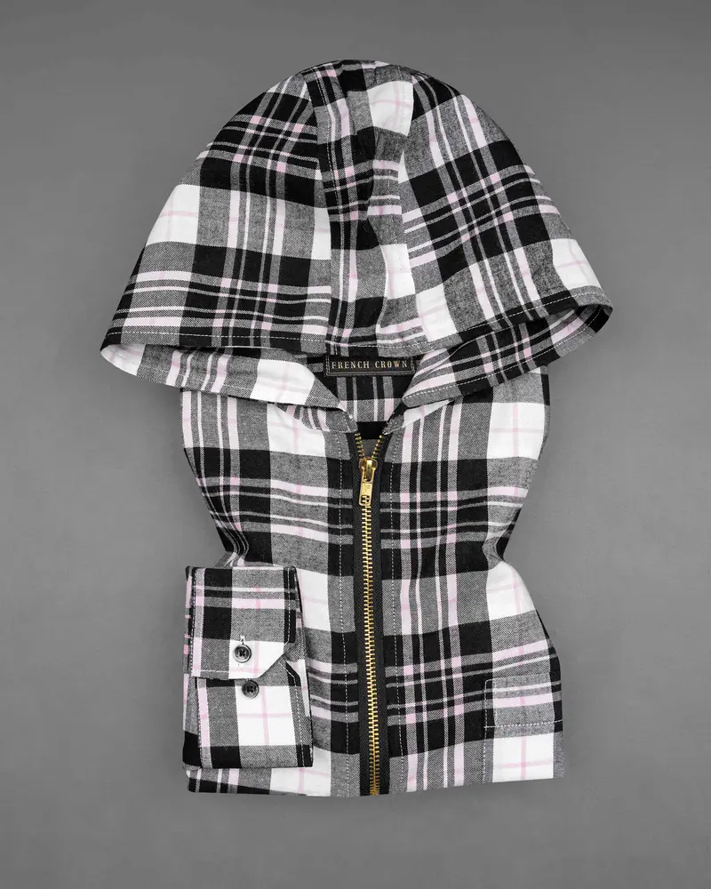 Bright White And Jade Black Plaid Hoodie Flannel Zipper Closure Shirt 2