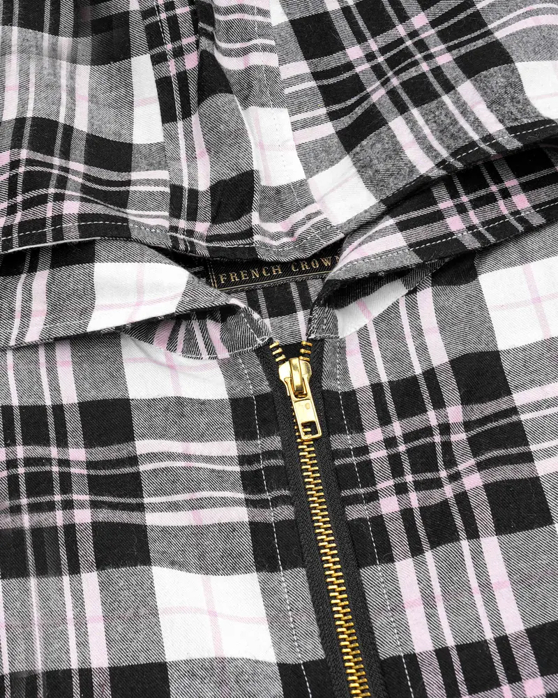 Bright White And Jade Black Plaid Hoodie Flannel Zipper Closure Shirt 4