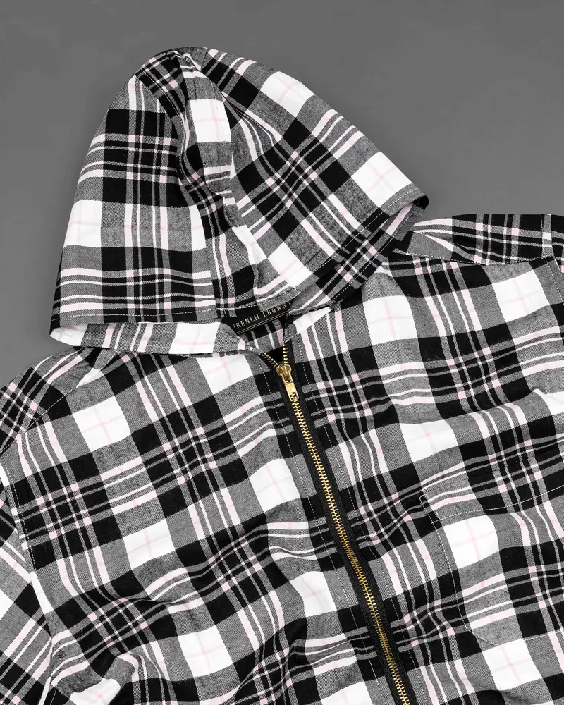 Bright White And Jade Black Plaid Hoodie Flannel Zipper Closure Shirt 5