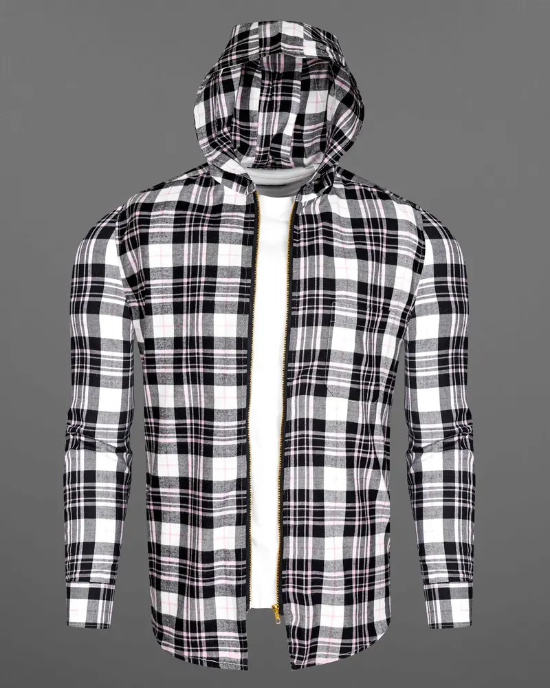 Bright White And Jade Black Plaid Hoodie Flannel Zipper Closure Shirt 6