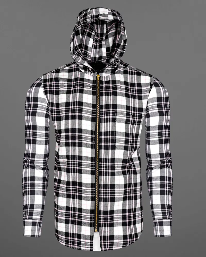 Bright White And Jade Black Plaid Hoodie Flannel Zipper Closure Shirt 7