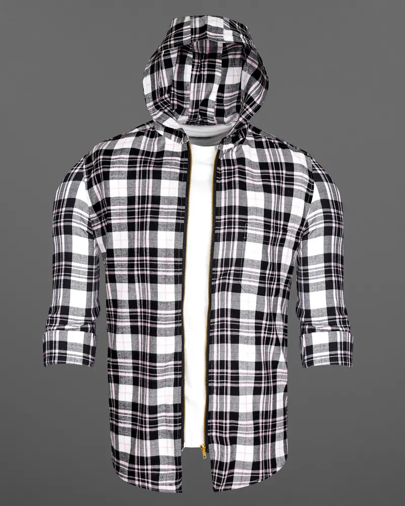 Bright White And Jade Black Plaid Hoodie Flannel Zipper Closure Shirt 8