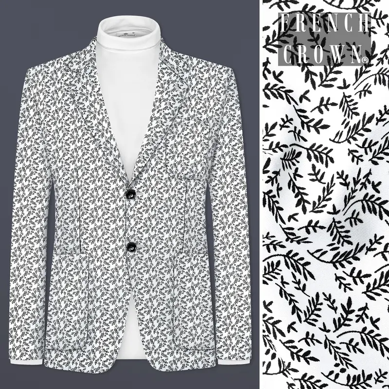 Bright White And Jade Black Printed Cotton Single Breasted Designer Blazer 1