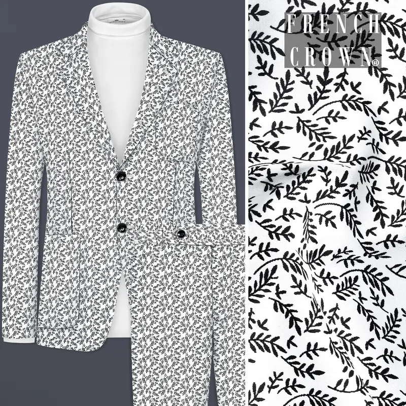 Bright White And Jade Black Printed Cotton Single Breasted Designer Suit 1