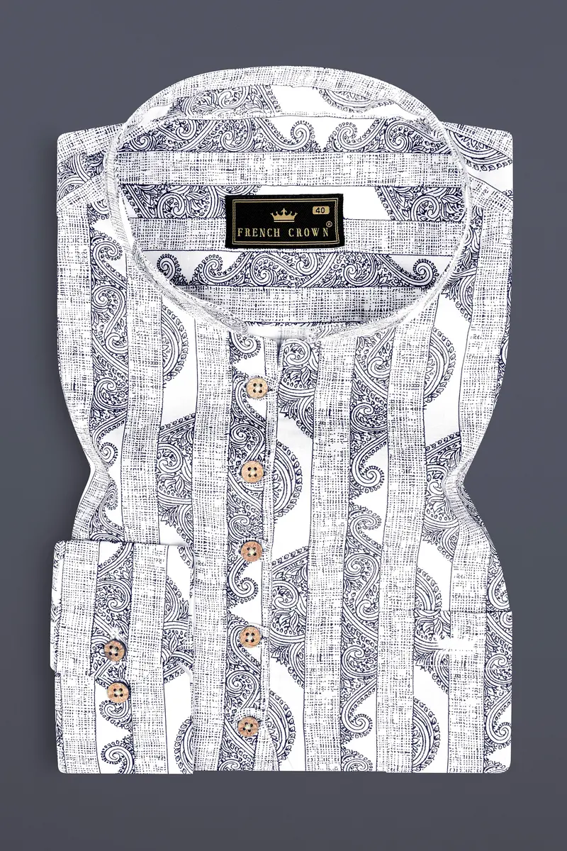 Bright White And Jade Black Stripes Printed Chambray Premium Giza Cotton Shirt 10