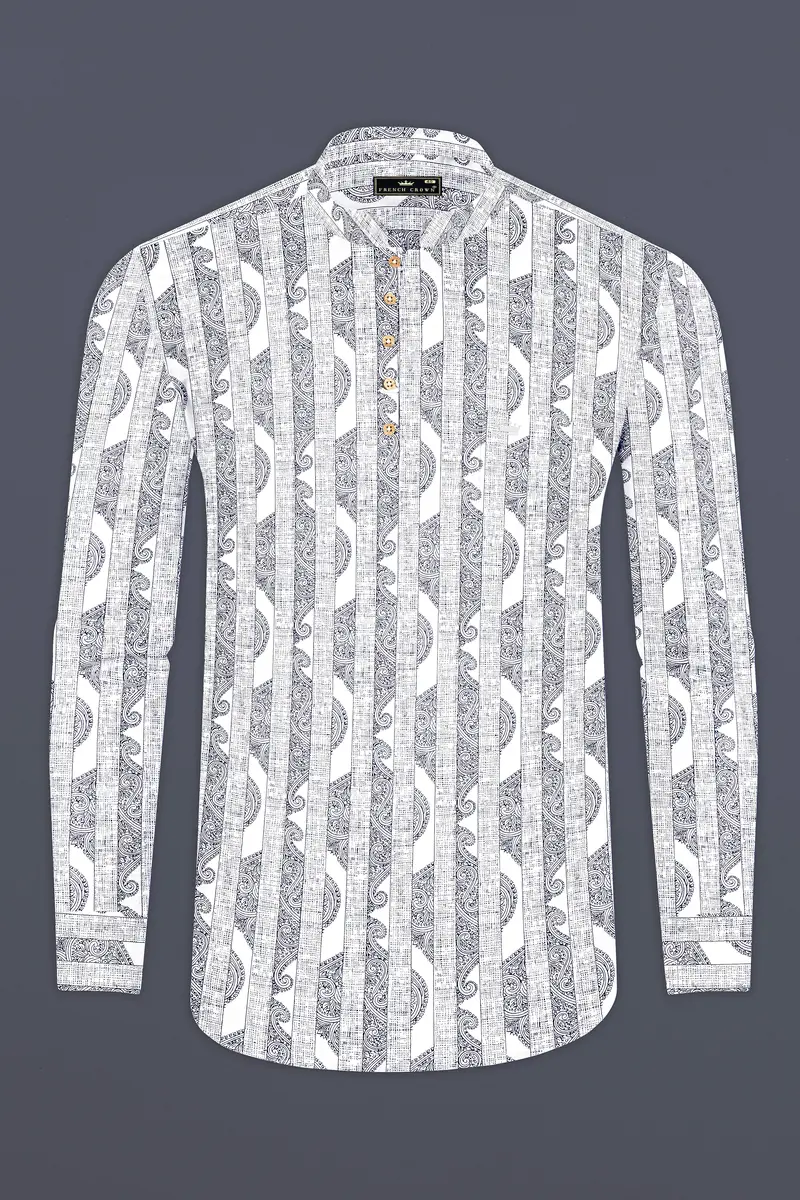 Bright White And Jade Black Stripes Printed Chambray Premium Giza Cotton Shirt 11