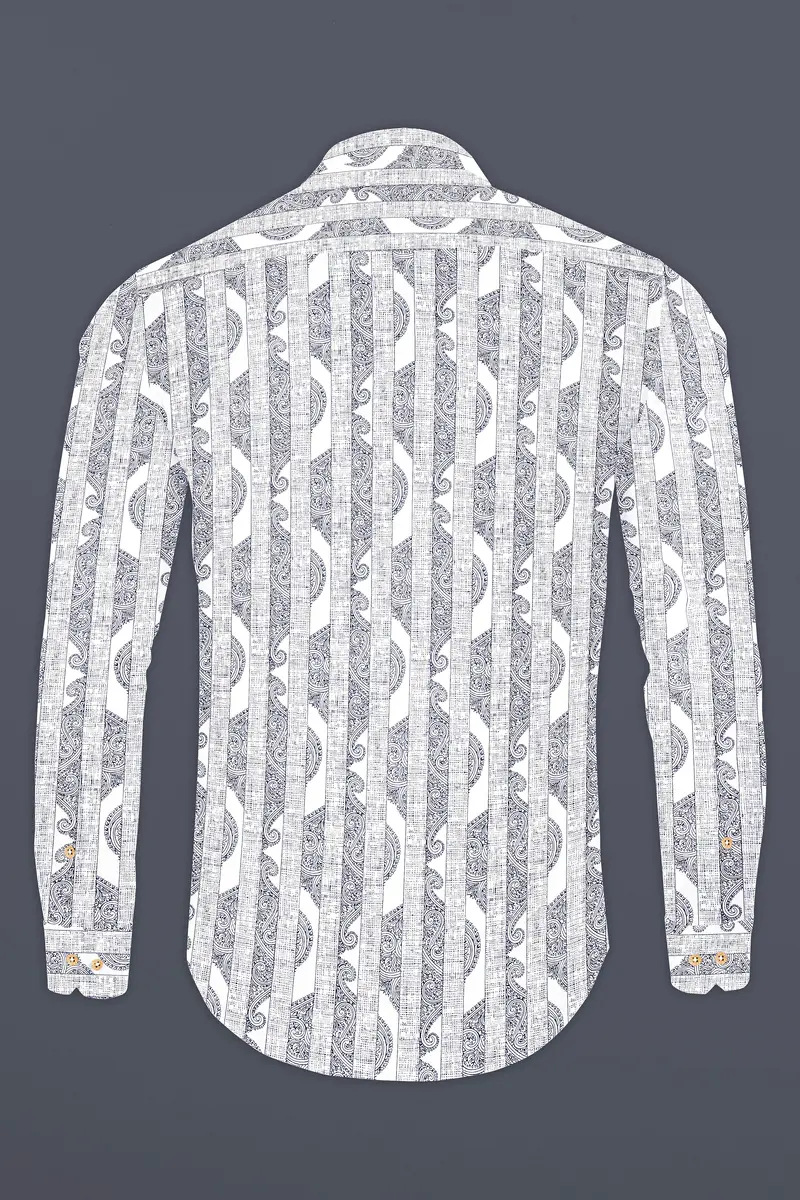 Bright White And Jade Black Stripes Printed Chambray Premium Giza Cotton Shirt 12