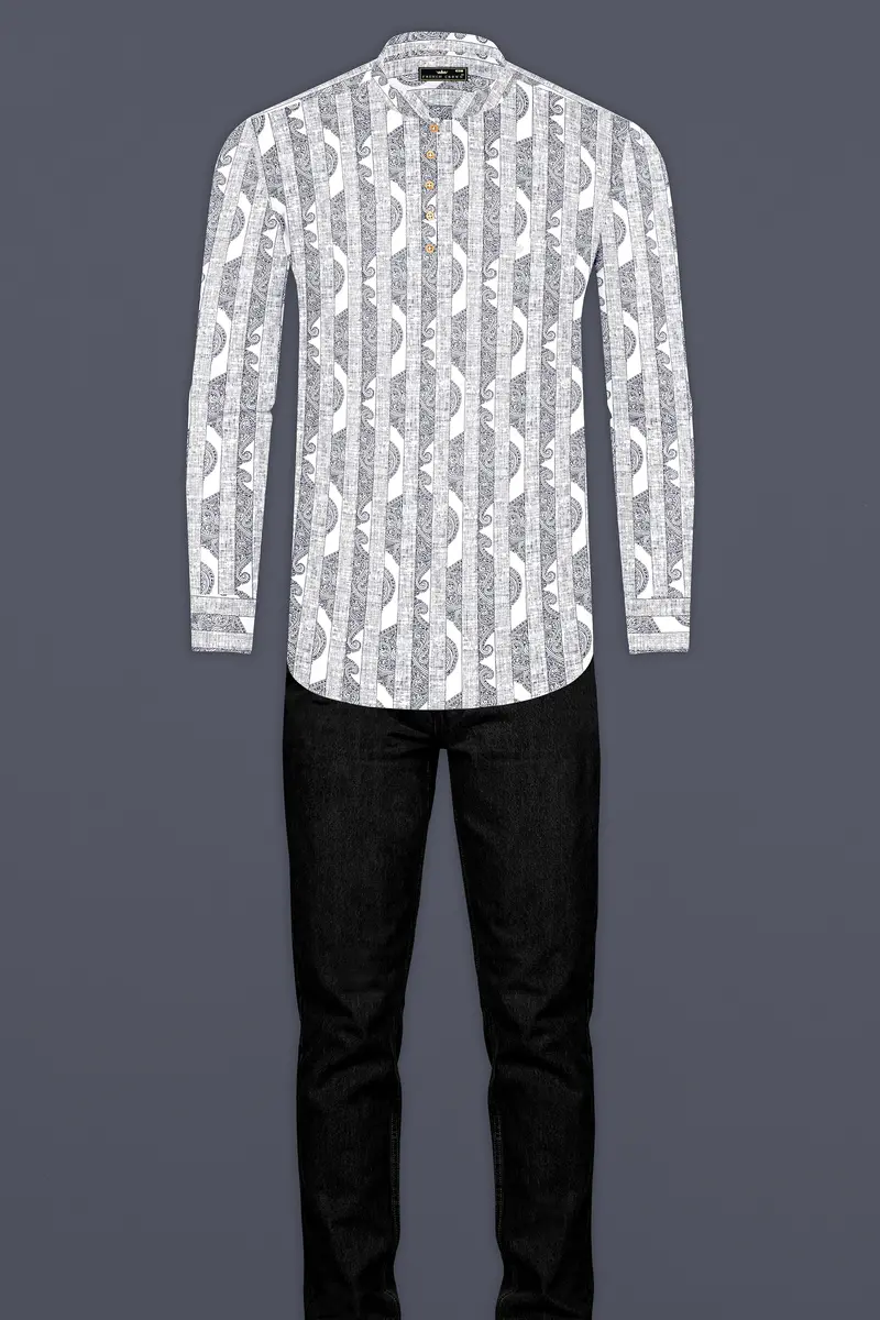 Bright White And Jade Black Stripes Printed Chambray Premium Giza Cotton Shirt 13