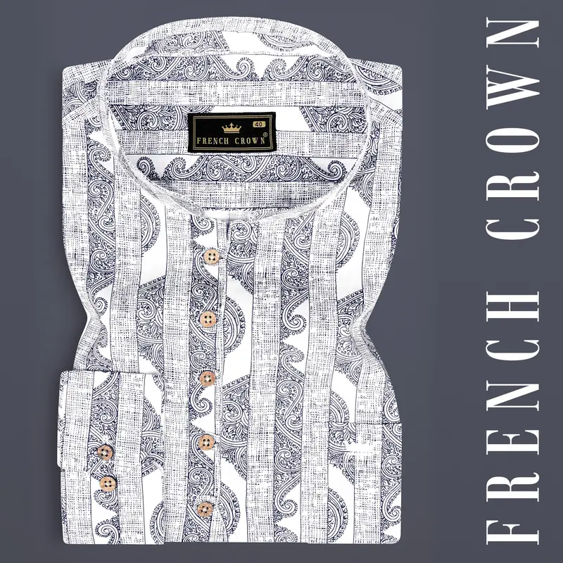 Bright White And Jade Black Stripes Printed Chambray Premium Giza Cotton Shirt 14