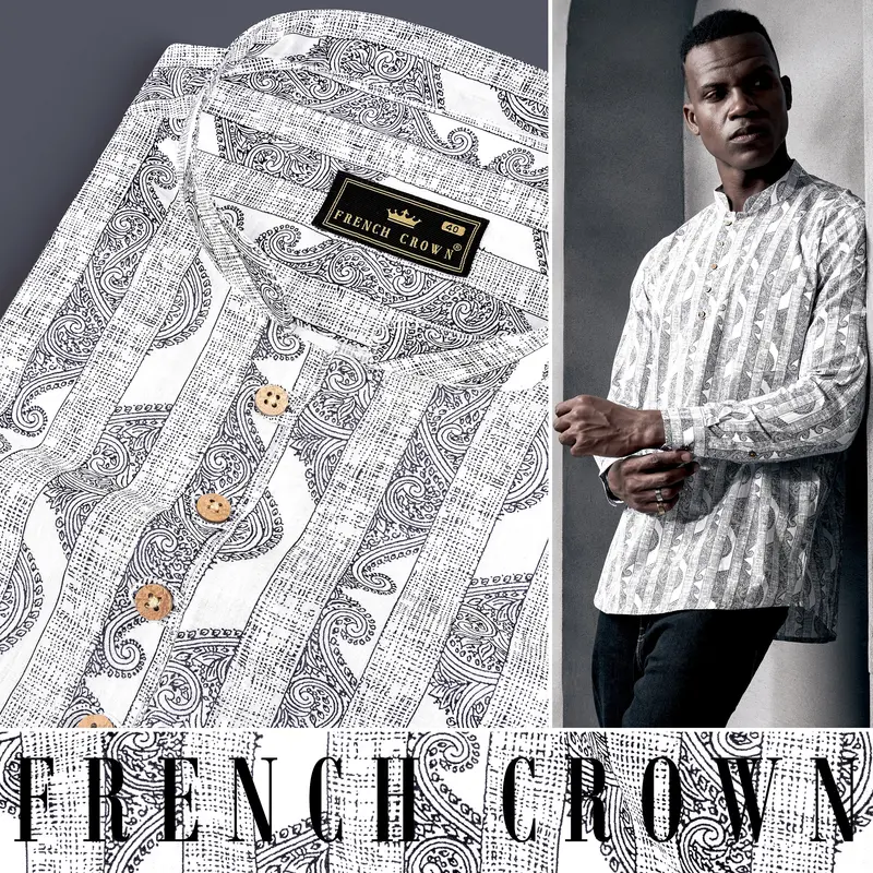 Bright White And Jade Black Stripes Printed Chambray Premium Giza Cotton Shirt 15