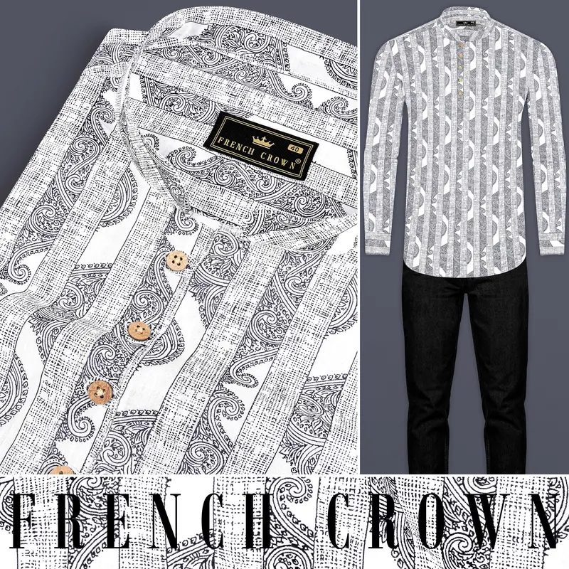 Bright White And Jade Black Stripes Printed Chambray Premium Giza Cotton Shirt 17