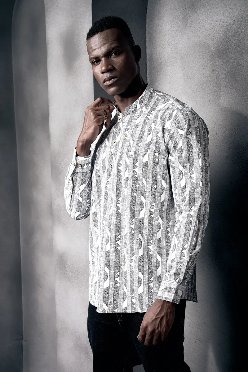Bright White And Jade Black Stripes Printed Chambray Premium Giza Cotton Shirt 6