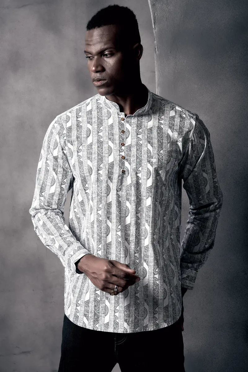 Bright White And Jade Black Stripes Printed Chambray Premium Giza Cotton Shirt 7