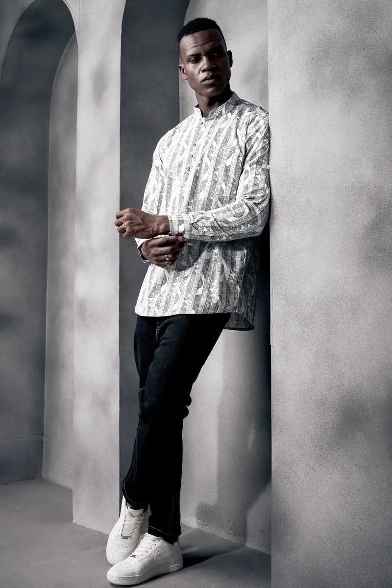Bright White And Jade Black Stripes Printed Chambray Premium Giza Cotton Shirt 8