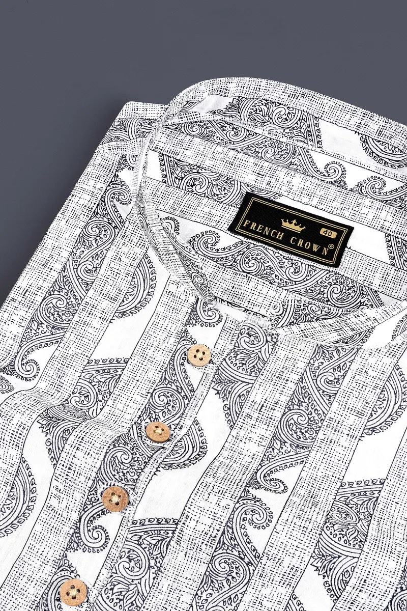 Bright White And Jade Black Stripes Printed Chambray Premium Giza Cotton Shirt 9