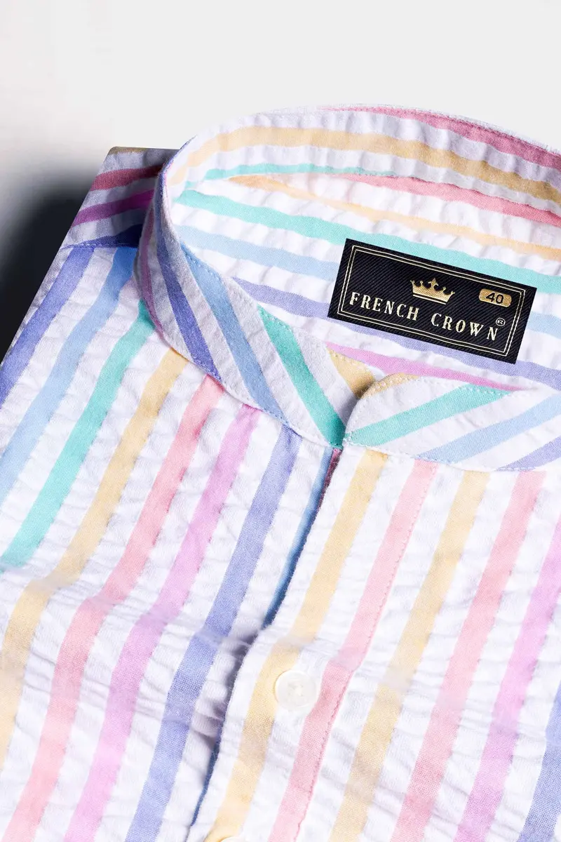 Bright White And Jagged Green Multicolour Striped Seersucker Giza Cotton Shirt 1