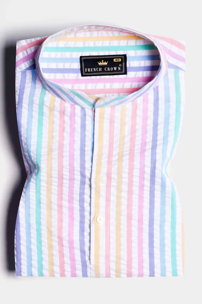 Bright White And Jagged Green Multicolour Striped Seersucker Giza Cotton Shirt 3