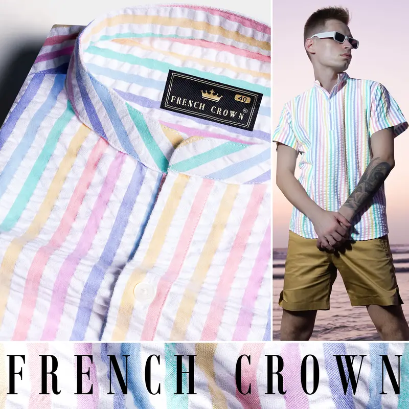 Bright White And Jagged Green Multicolour Striped Seersucker Giza Cotton Shirt 4