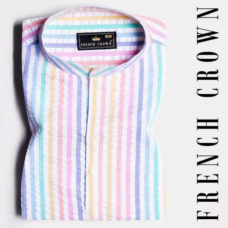Bright White And Jagged Green Multicolour Striped Seersucker Giza Cotton Shirt 6