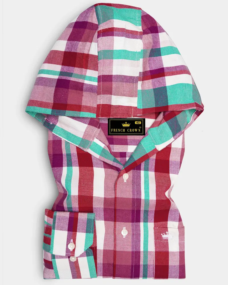 Bright White And Jasper Pink Plaid Twill Premium Cotton Hoodie Shirt 1