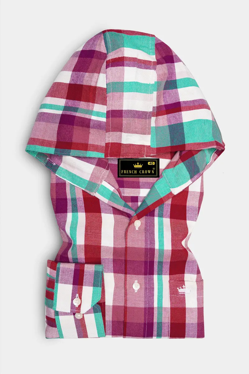 Bright White And Jasper Pink Plaid Twill Premium Cotton Hoodie Shirt 2