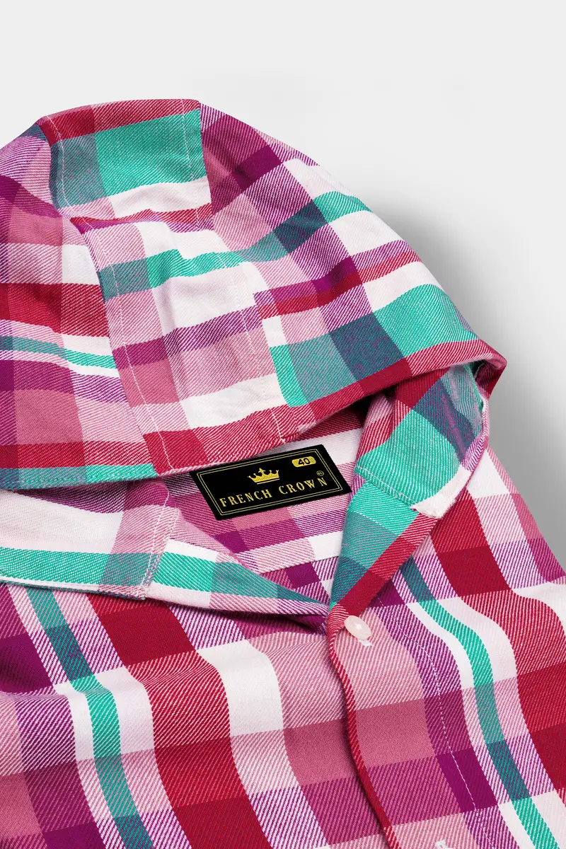 Bright White And Jasper Pink Plaid Twill Premium Cotton Hoodie Shirt 4