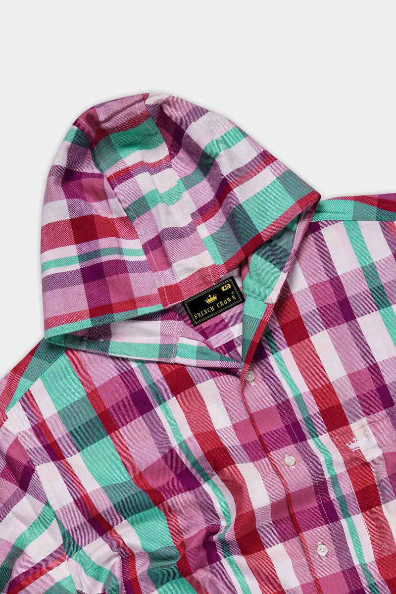 Bright White And Jasper Pink Plaid Twill Premium Cotton Hoodie Shirt 5