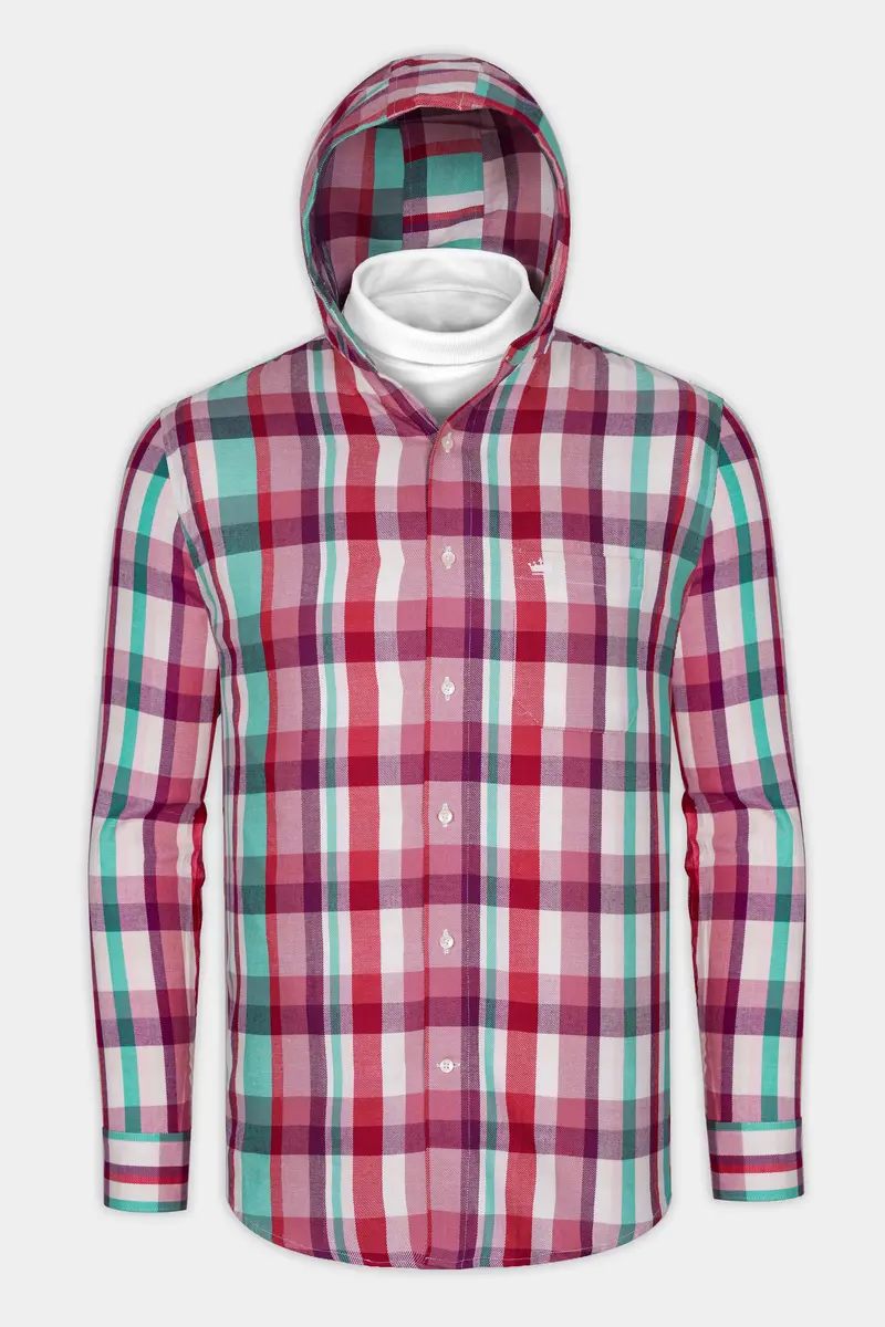 Bright White And Jasper Pink Plaid Twill Premium Cotton Hoodie Shirt 6