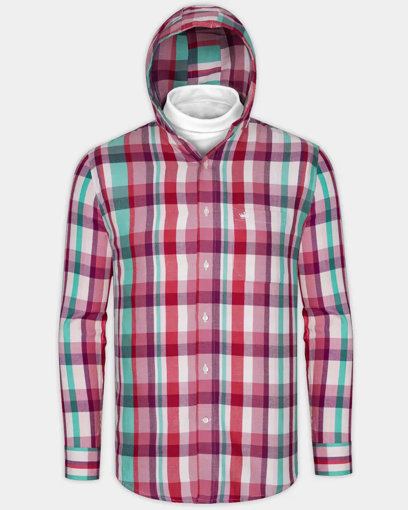 Bright White And Jasper Pink Plaid Twill Premium Cotton Hoodie Shirt 8