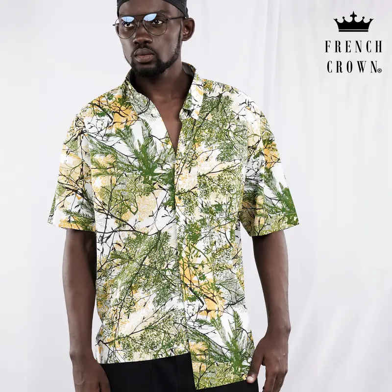 Bright White And Killarney Green Printed Lightweight Oversized Premium Cotton Shirt 1