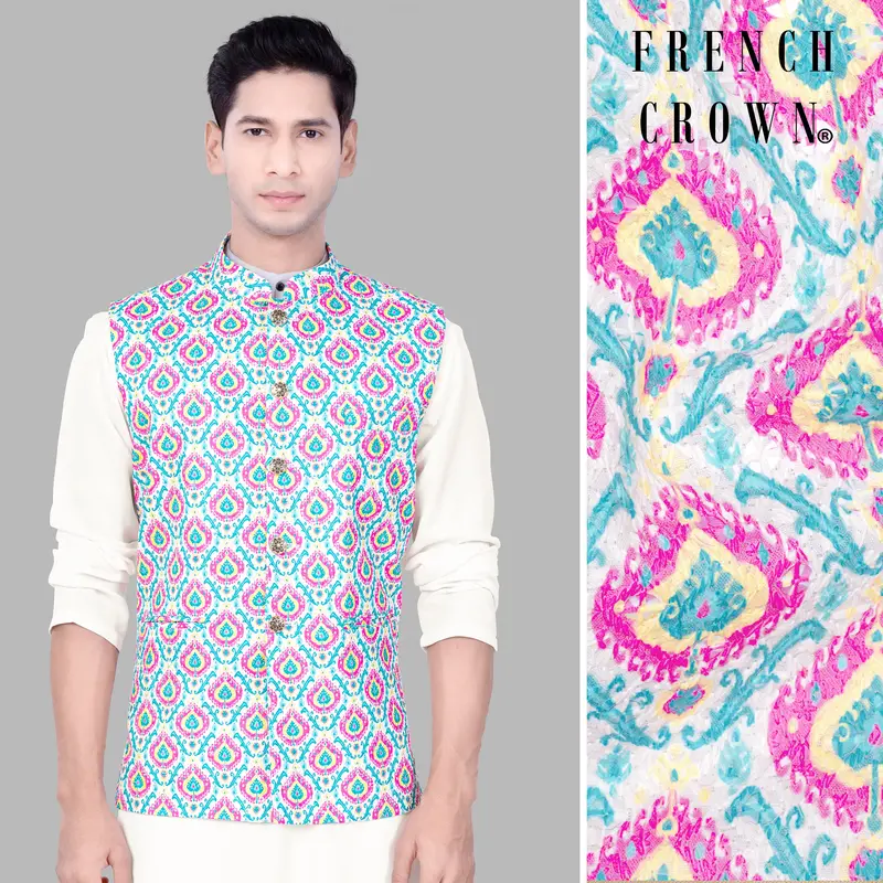 Bright White And Lllusion Pink Designer Thread Embroidered Nehru Jacket 1