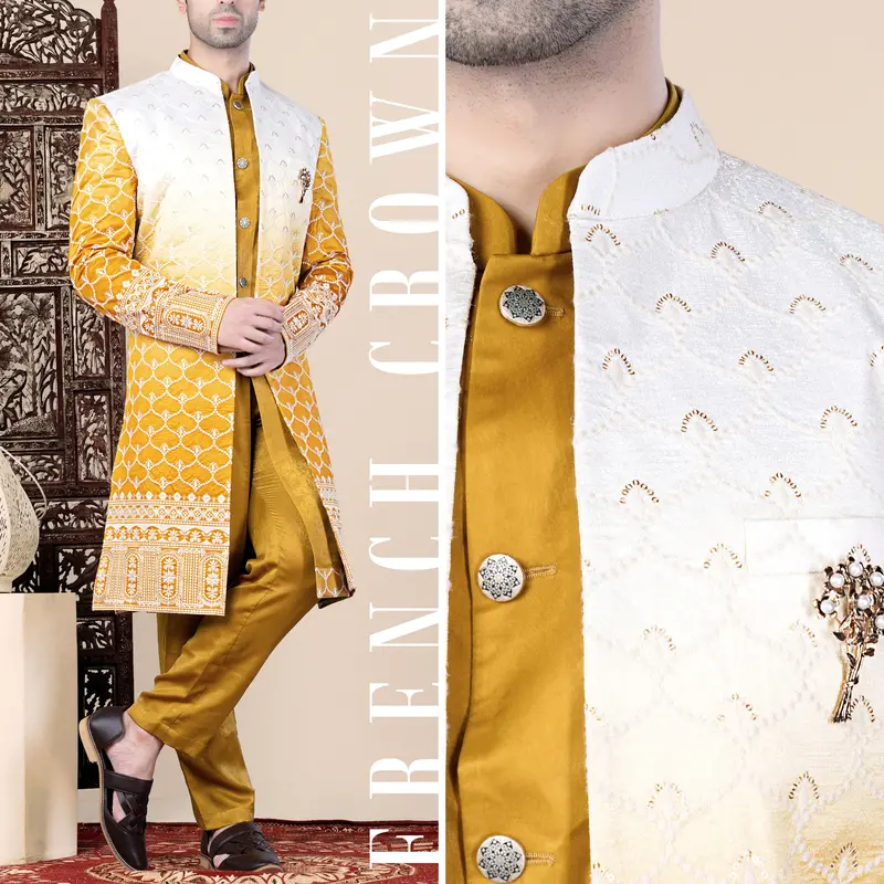Bright White And Macaroni Yellow Ogee Thread And Sequin Embroidered Indo-Western 1