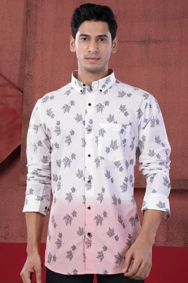 Bright White And Mauve Pink Leaves Printed Subtle Sheen Super Soft Premium Cotton Shirt 1