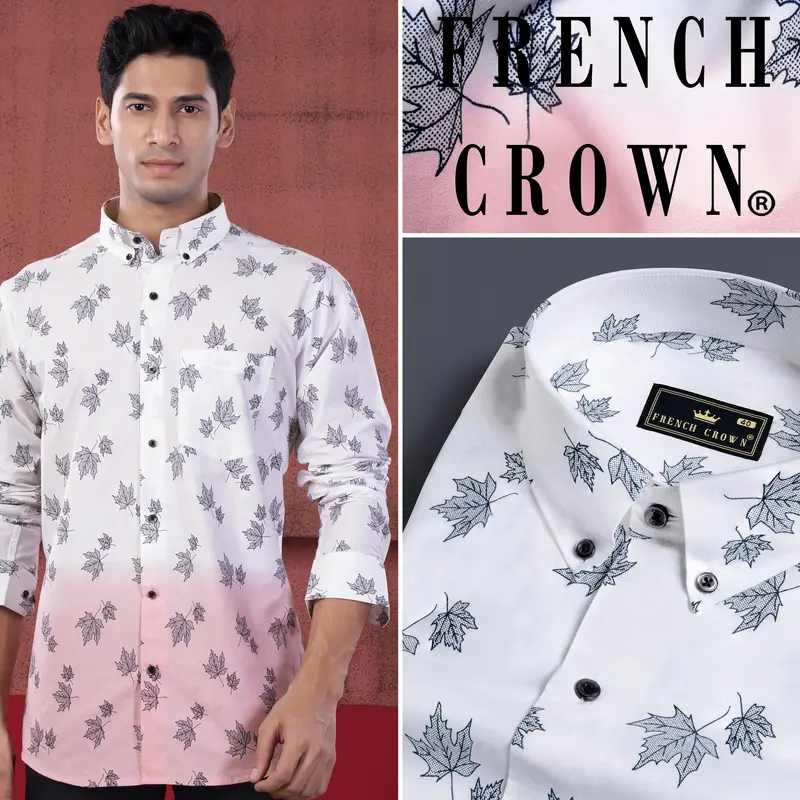 Bright White And Mauve Pink Leaves Printed Subtle Sheen Super Soft Premium Cotton Shirt 12