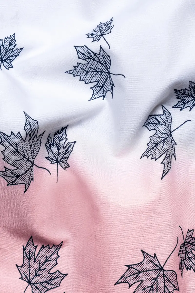 Bright White And Mauve Pink Leaves Printed Subtle Sheen Super Soft Premium Cotton Shirt 2