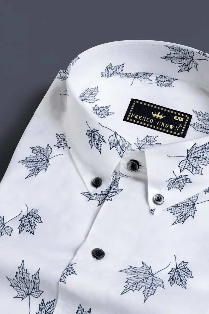 Bright White And Mauve Pink Leaves Printed Subtle Sheen Super Soft Premium Cotton Shirt 3