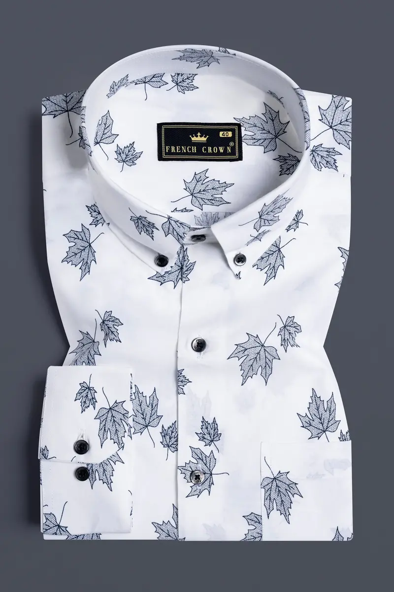 Bright White And Mauve Pink Leaves Printed Subtle Sheen Super Soft Premium Cotton Shirt 4